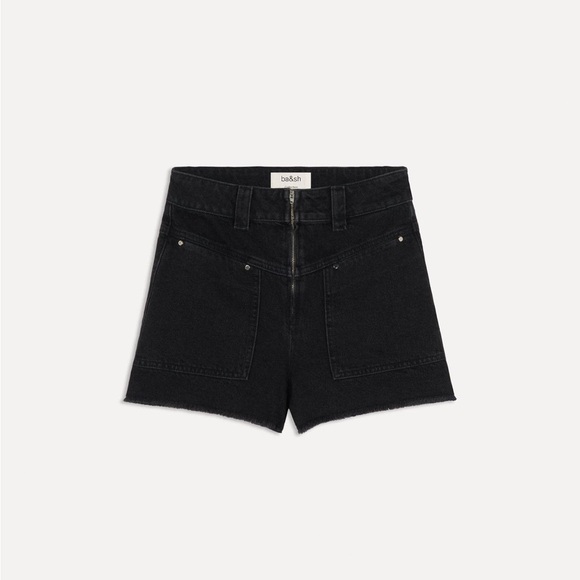 Ba&sh David black shorts open zip patch pockets denim cotton raw hem high rise 0 - Picture 3 of 13